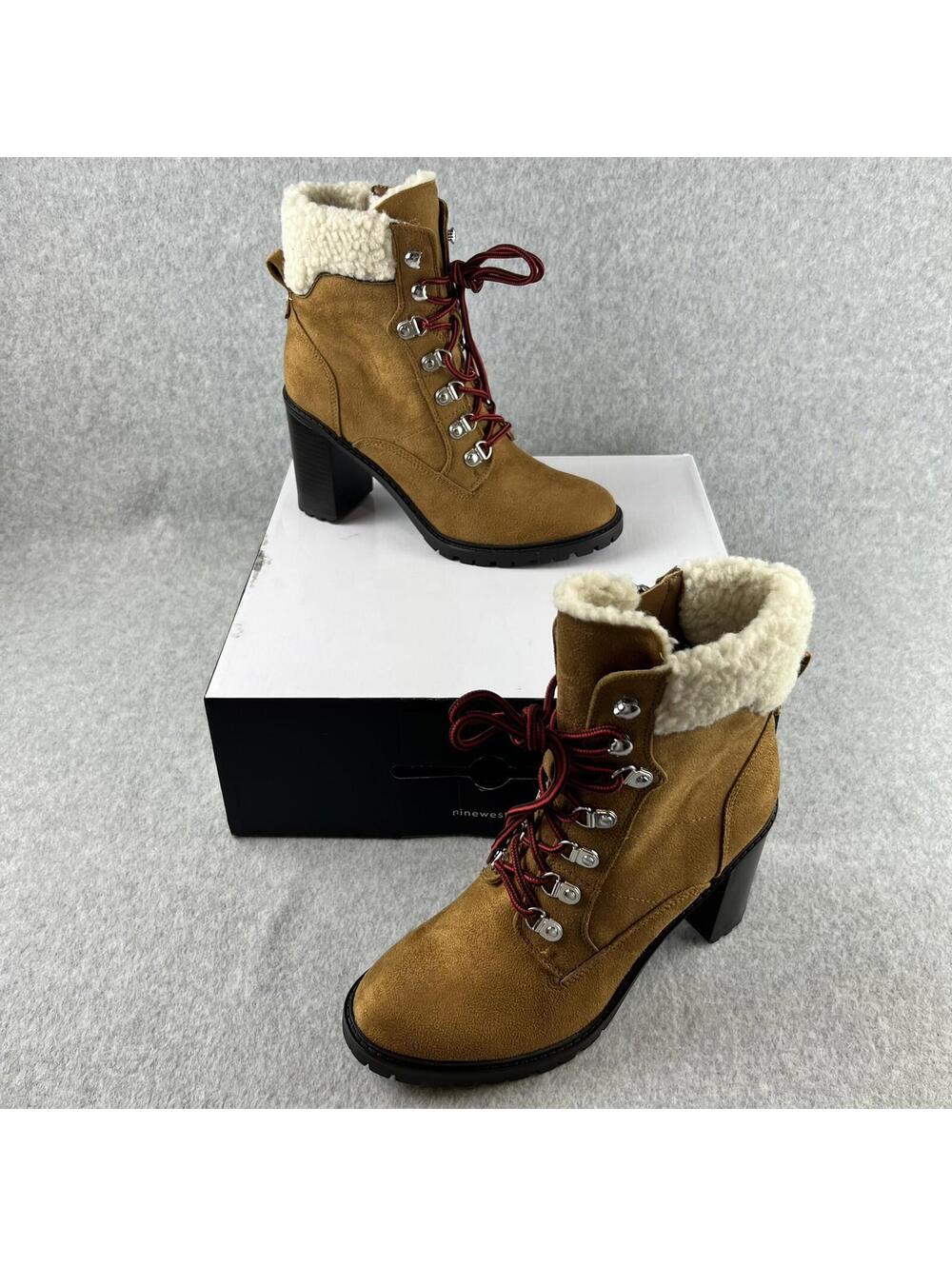 Nine West Ankle Boots Womens 9.5 Block Heel Faux Suede Shearling Trim